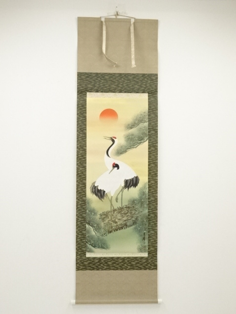 JAPANESE HANGING SCROLL / HAND PAINTED / PAIRED CRANES